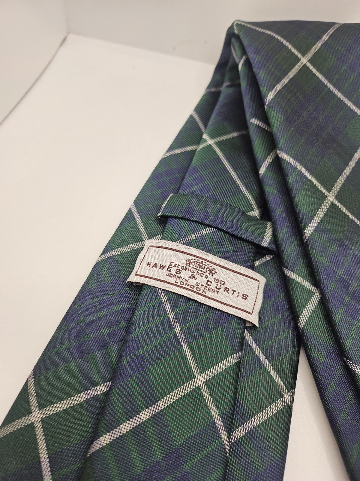 Hawes & Curtis Silk Tie Mens Green Blue Plaid Check Vintage Retro Neck Tie BX24