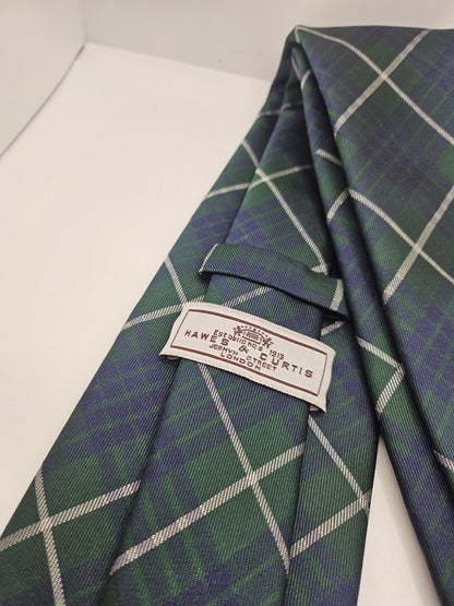 Hawes & Curtis Silk Tie Mens Green Blue Plaid Check Vintage Retro Neck Tie BX24