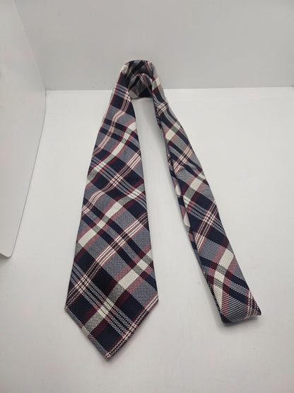 T.M. Lewin Silk Tie Mens Navy Burgundy Plaid Business Wedding Vtg Necktie BX18