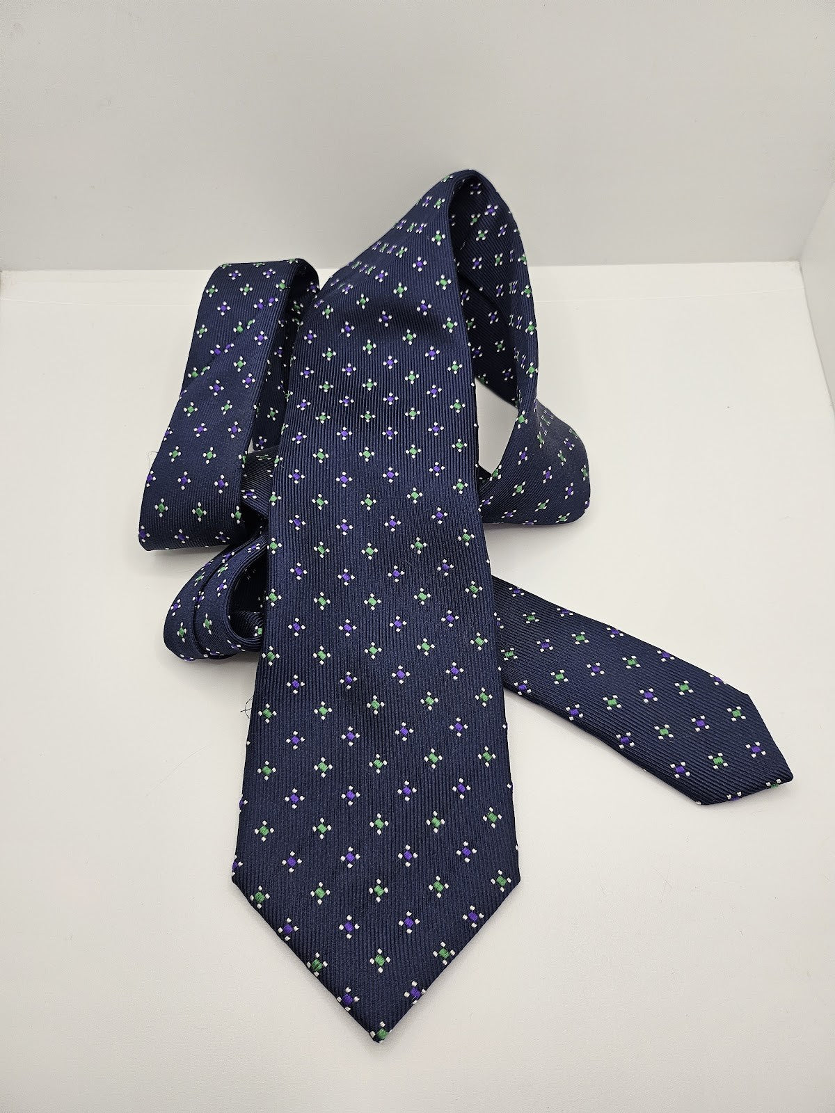 T.M.Lewin Mens Silk Tie Navy Blue Geometric Vtg Retro Wedding Neck Tie