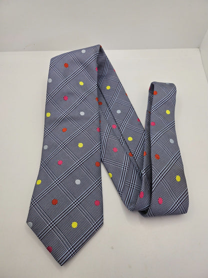 Thomas Pink Grey Glen Plaid Polka Dots Silk Tie