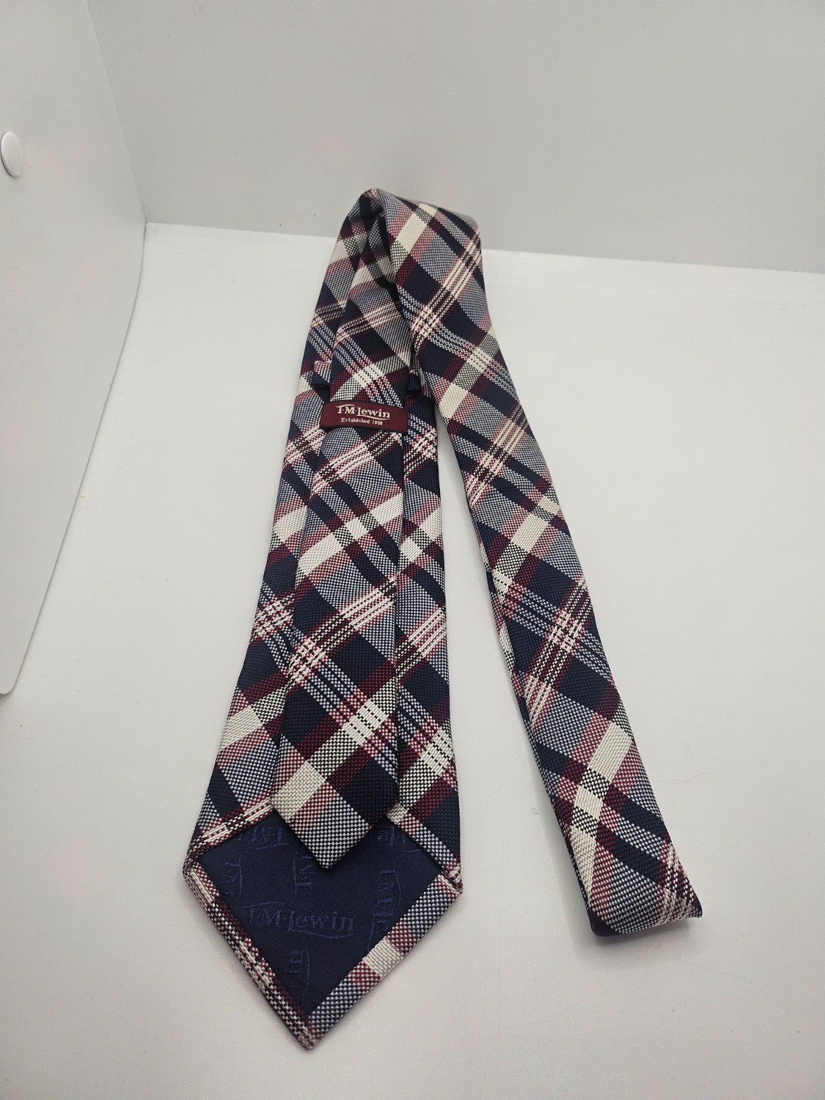 T.M. Lewin Silk Tie Mens Navy Burgundy Plaid Business Wedding Vtg Necktie BX18