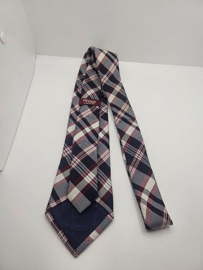 T.M. Lewin Silk Tie Mens Navy Burgundy Plaid Business Wedding Vtg Necktie BX18