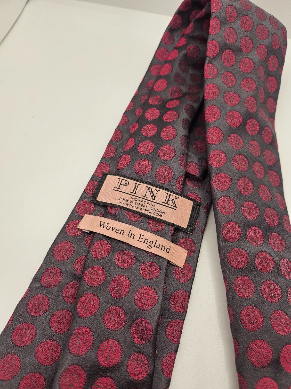 PINK London Silk Tie Mens Charcoal Pink Polka Dot Designer Business Neck Tie BX2