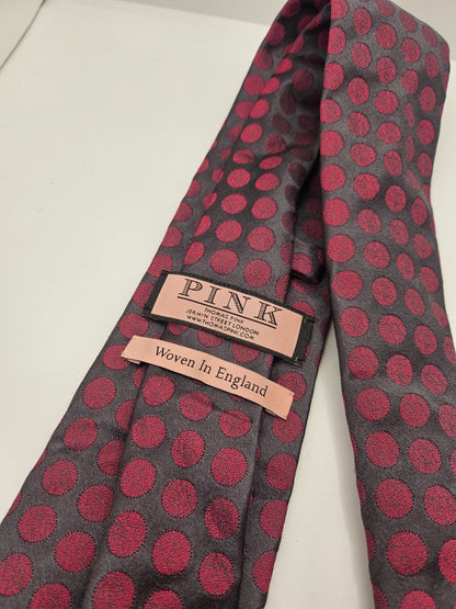 PINK London Silk Tie Mens Charcoal Pink Polka Dot Designer Business Neck Tie BX2