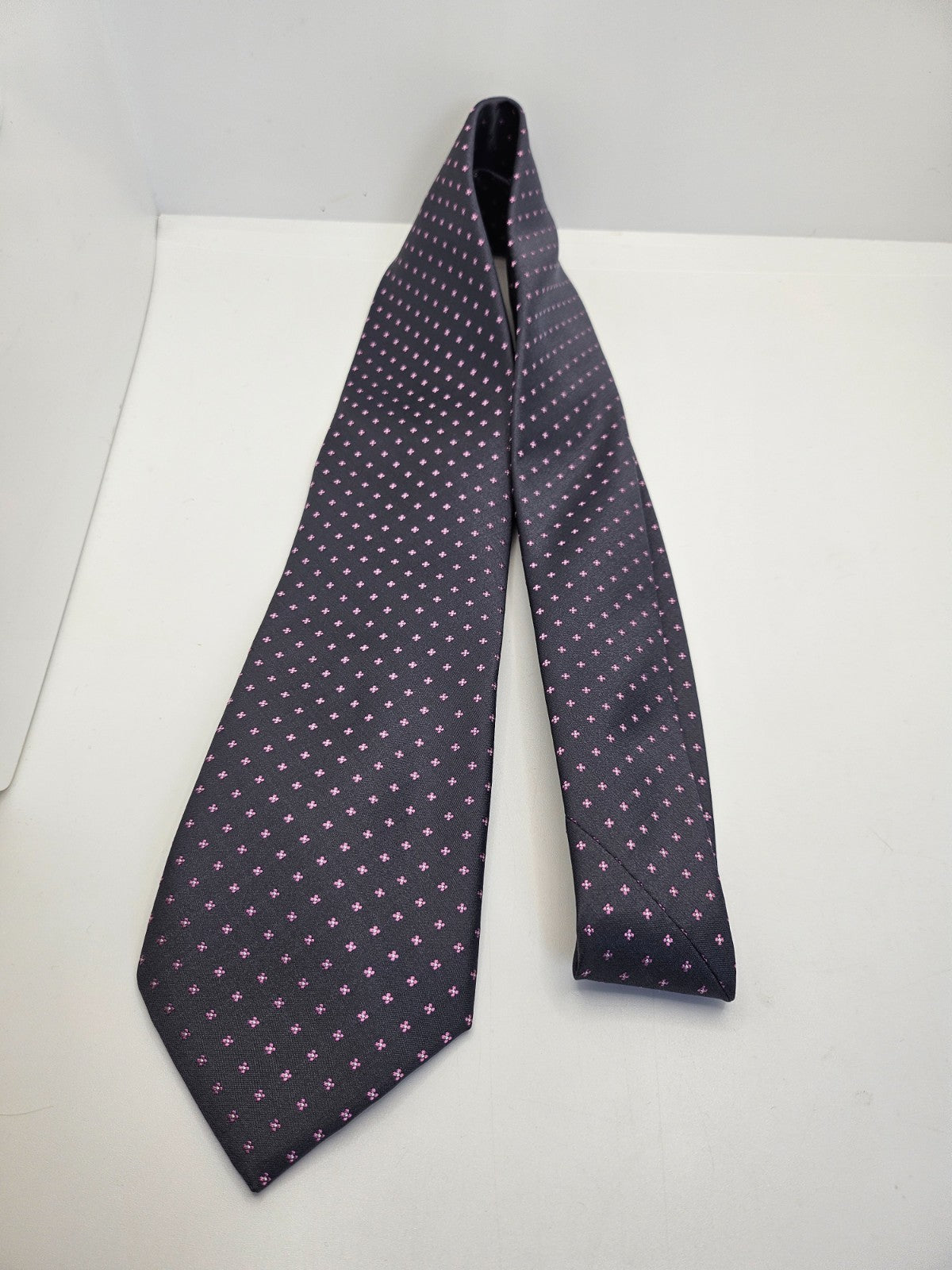 Vintage Mens Silk Tie MandS Grey Pink Floral Print Statement Wedding Neck Tie BX25 Retro Formal