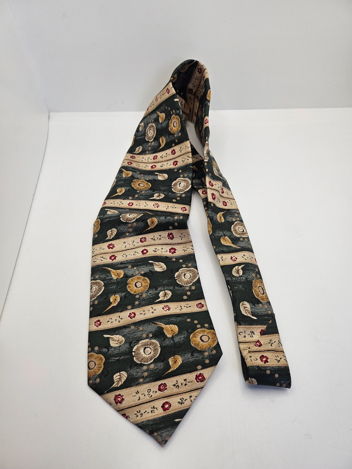 Vtg Mens Silk Tie Marks and Spencer Green Tan Floral Statement Retro Neck Tie BX25 Vintage