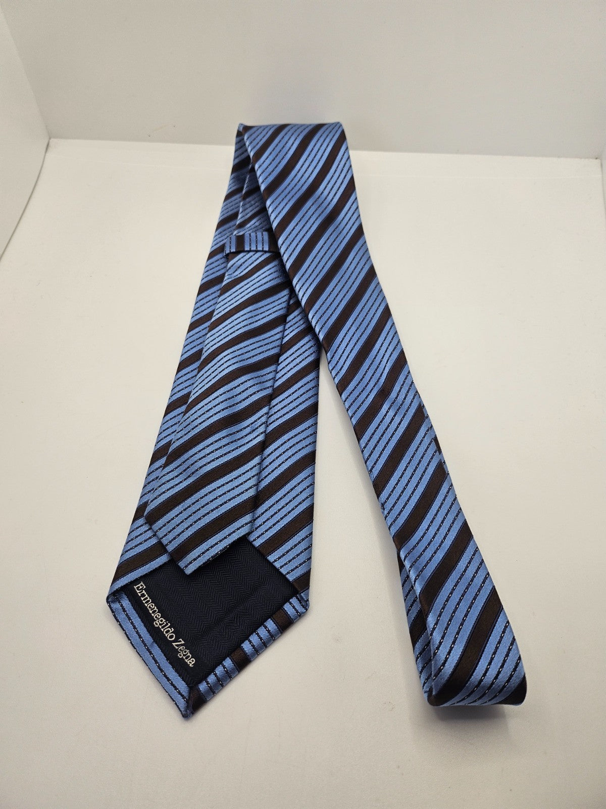 Ermenegildo Zegna Silk Tie Mens Blue Brown Striped Retro Wedding Neck Tie BX10 Vintage Formal