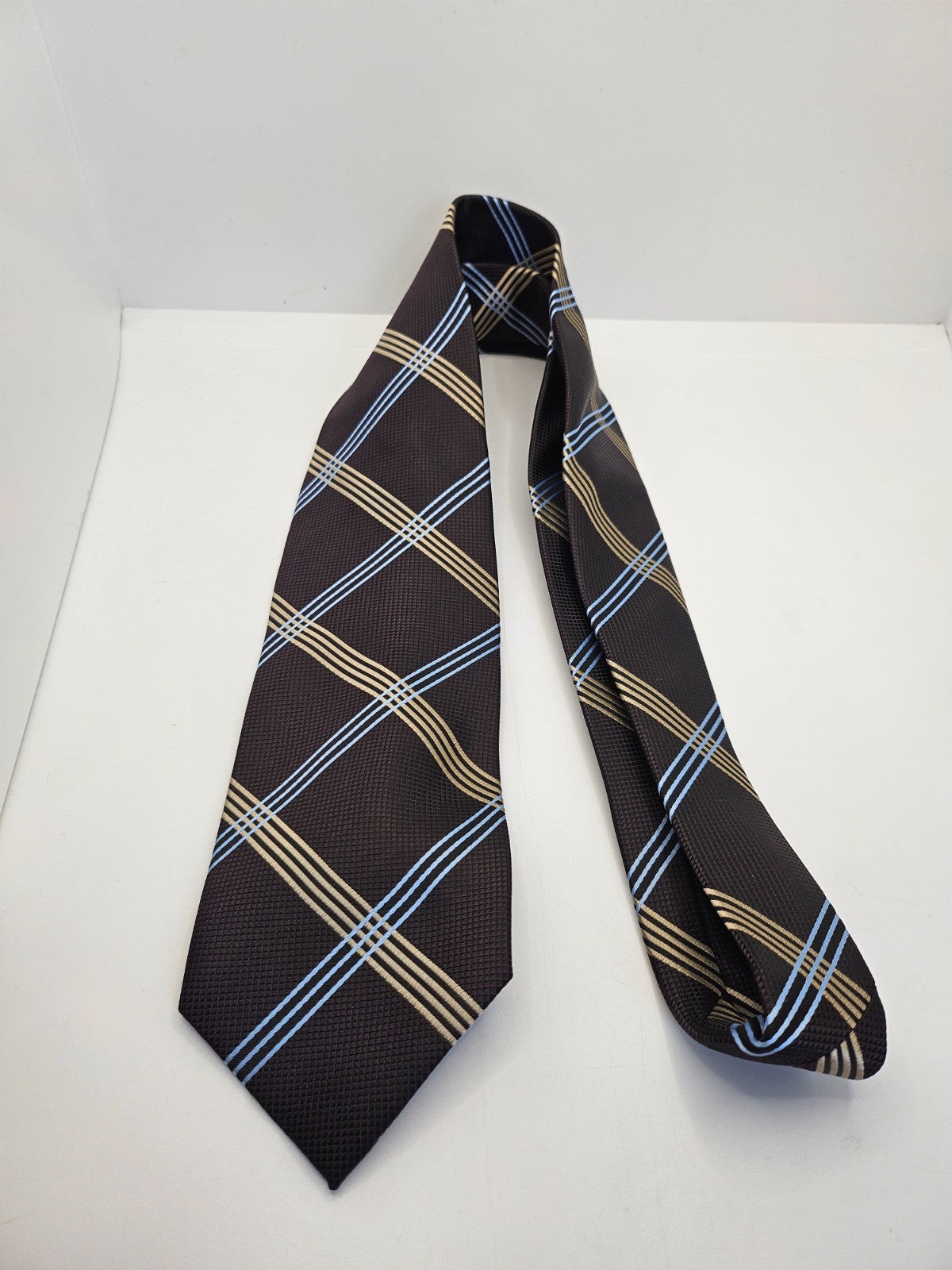 Vintage Mens Silk Tie Designer Brown Gold Geo Print Textured Retro Neck Tie BX25 Wedding Formal