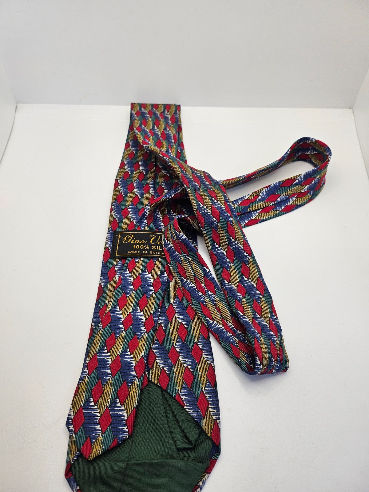 Vintage Mens Silk Tie Gino Verdi Red Blue Geometric Designer Retro Neck Tie BX25 Wedding Formal