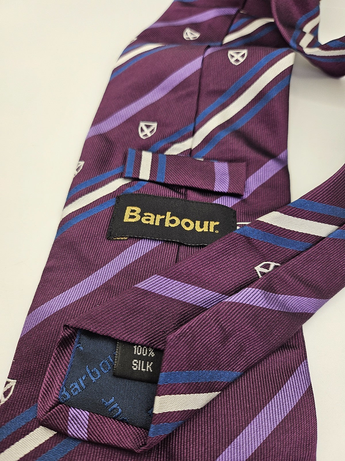 Barbour Mens Silk Tie Purple Emblem Stripe Vtg Retro Wedding Neck tie R1 Vintage Formal
