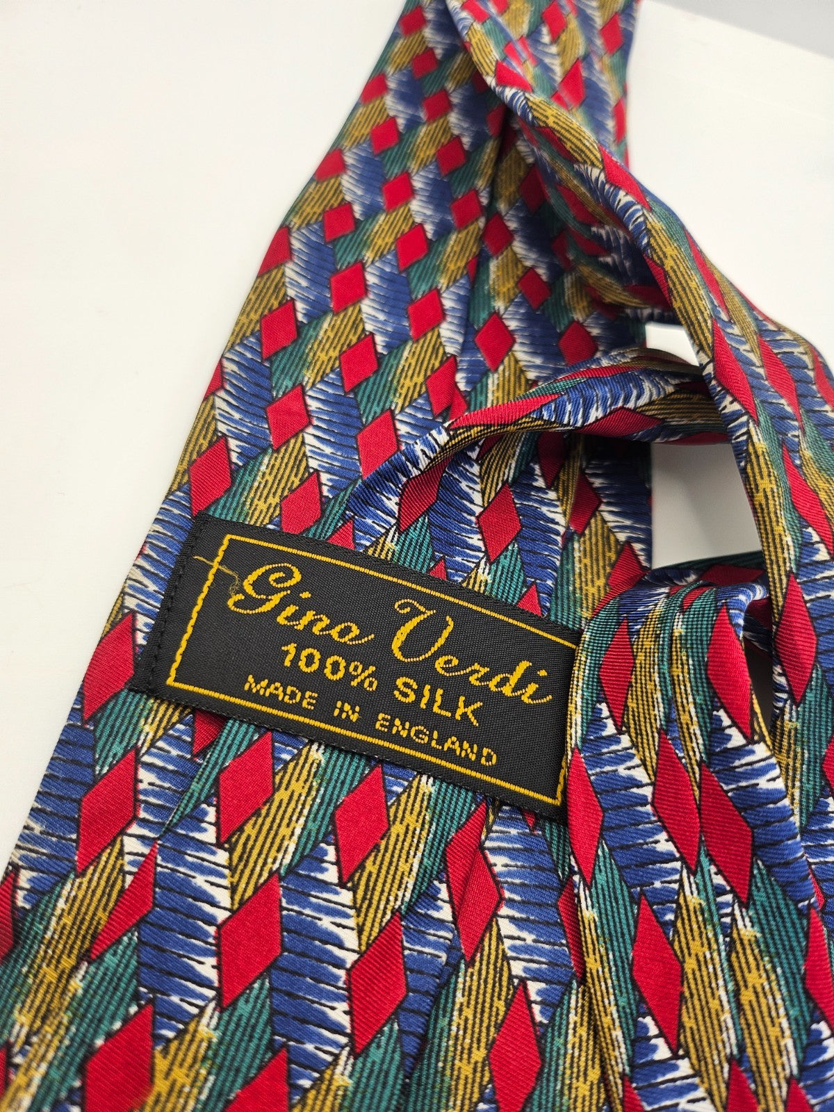 Vintage Mens Silk Tie Gino Verdi Red Blue Geometric Designer Retro Neck Tie BX25 Wedding Formal