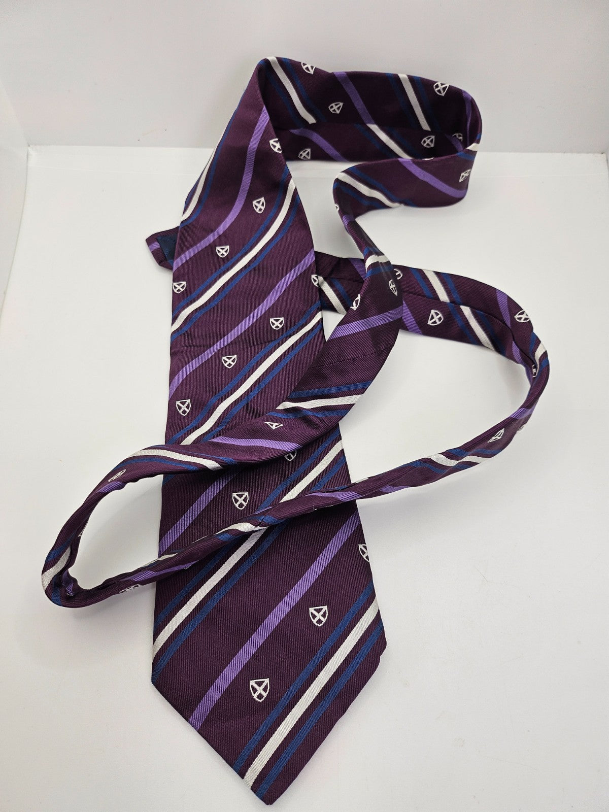 Barbour Mens Silk Tie Purple Emblem Stripe Vtg Retro Wedding Neck tie R1 Vintage Formal