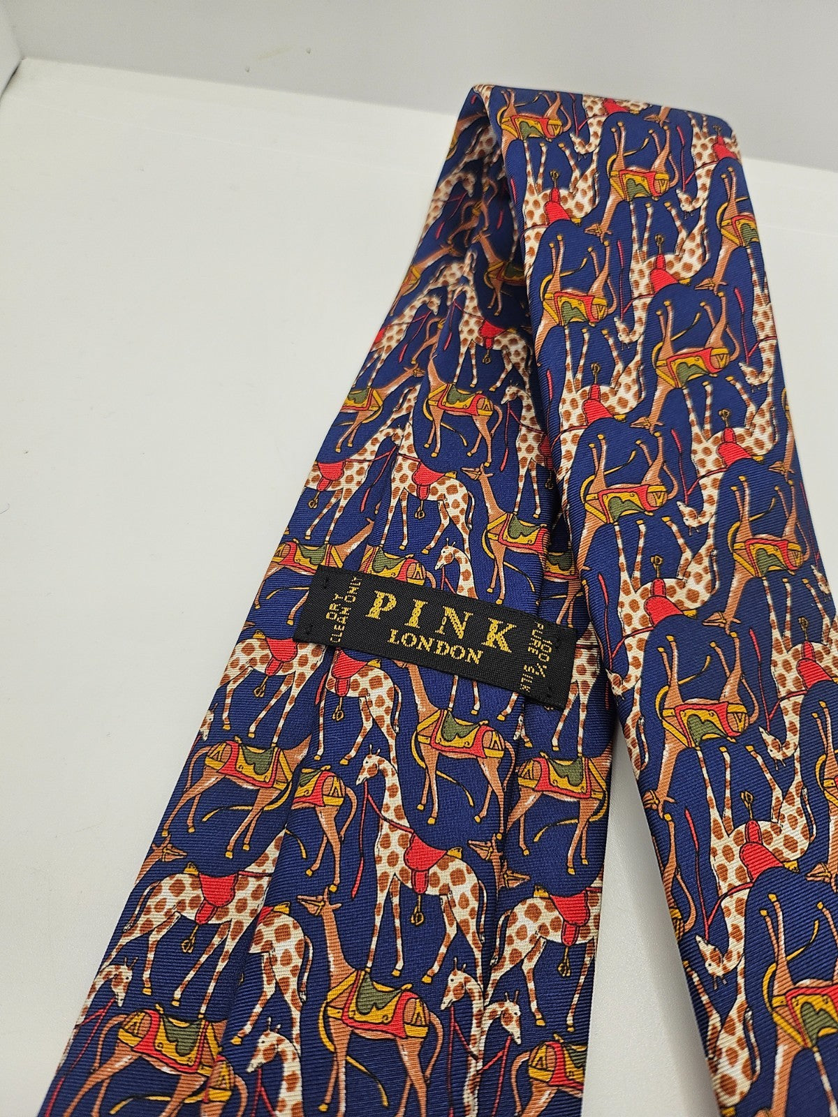 PINK London Silk Tie Mens Navy Blue Giraffe Animal Novelty Designer Necktie BX2 Vintage Retro