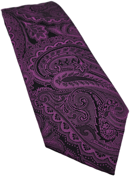 Hugo Boss Silk Tie Mens Purple Black Paisley Textured Retro Wedding Neck Tie BX2 Vintage Formal