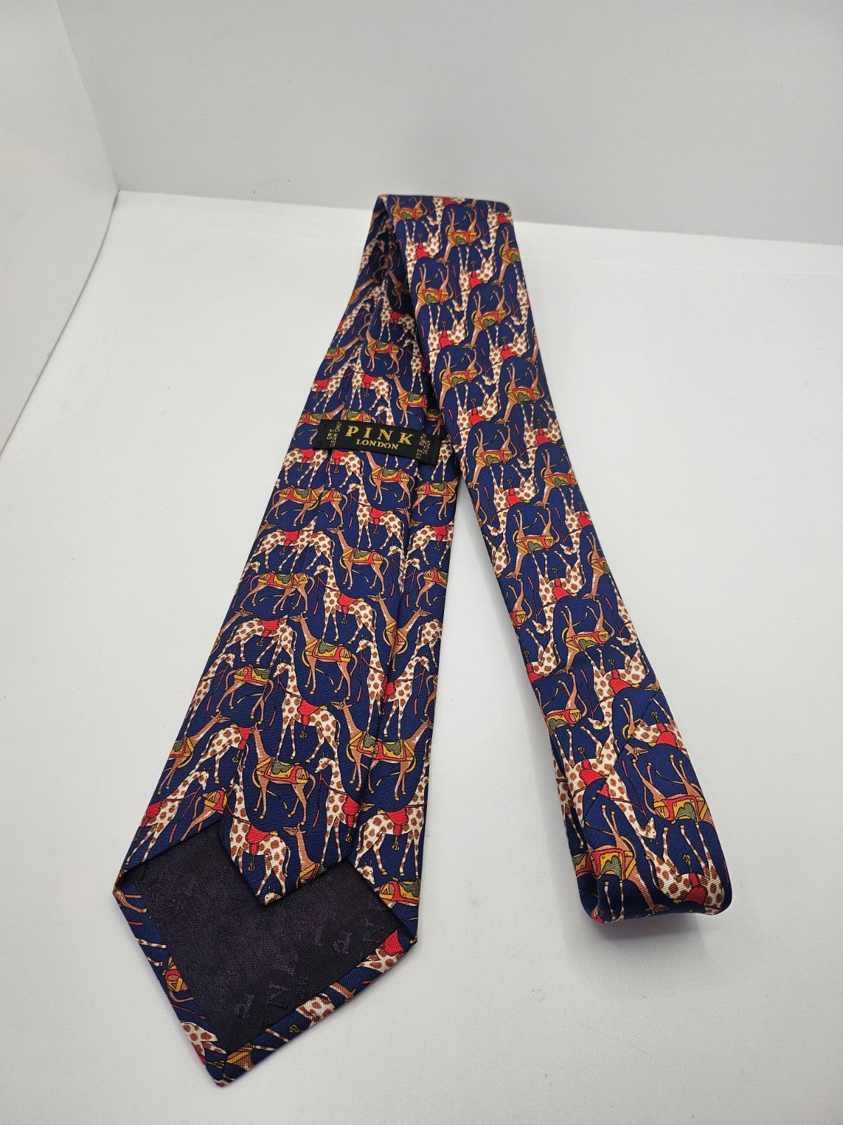 PINK London Silk Tie Mens Navy Blue Giraffe Animal Novelty Designer Necktie BX2 Vintage Retro
