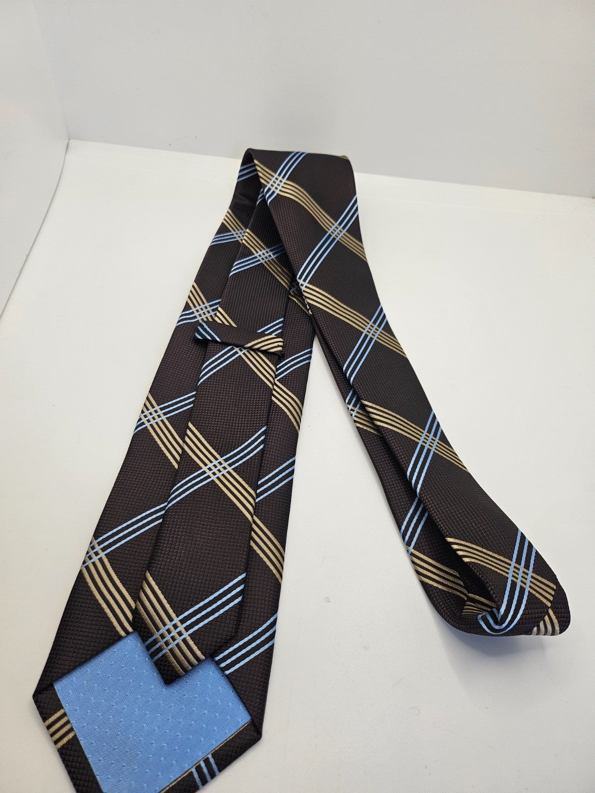 Vintage Mens Silk Tie Designer Brown Gold Geo Print Textured Retro Neck Tie BX25 Wedding Formal