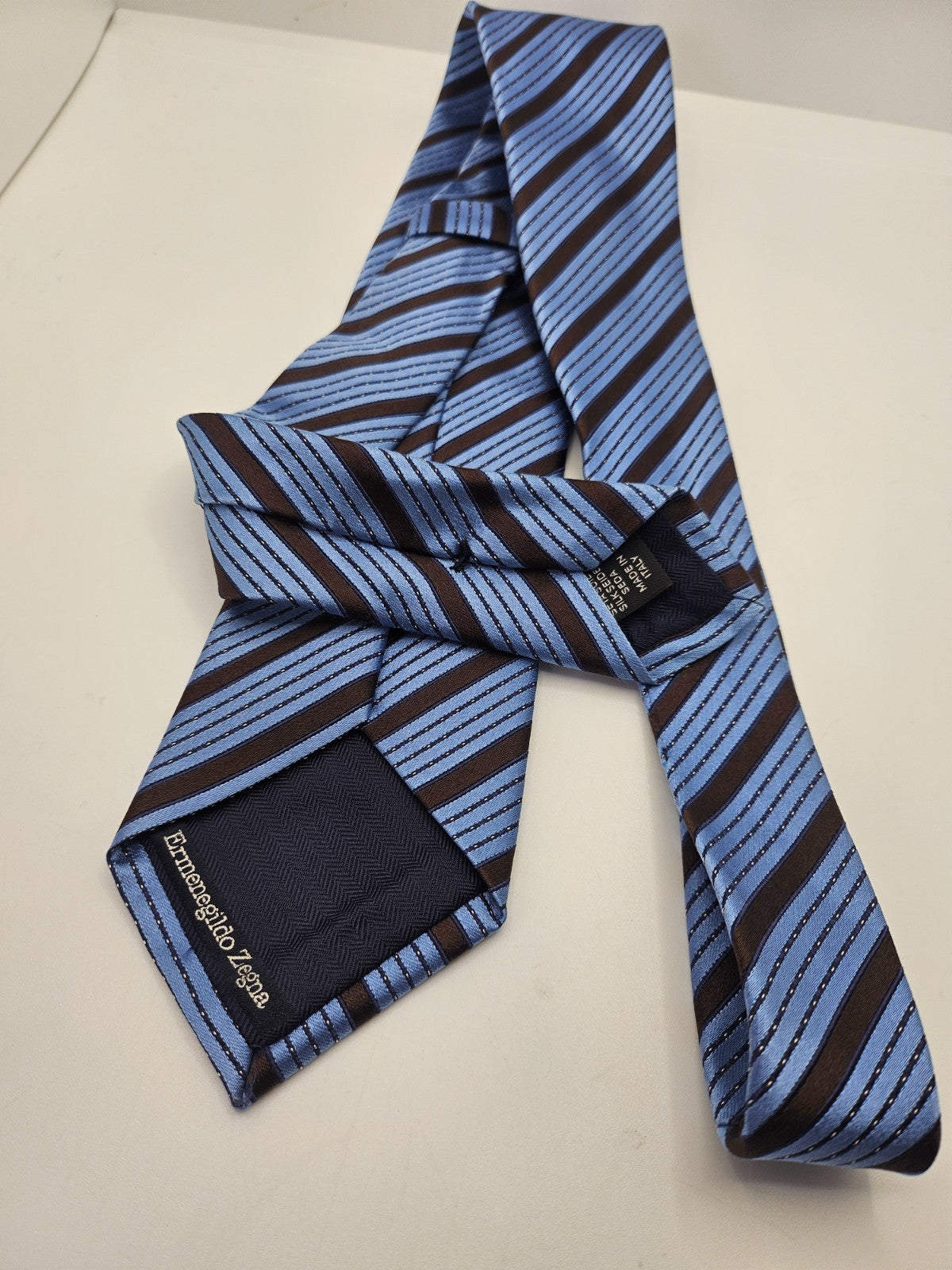 Ermenegildo Zegna Silk Tie Mens Blue Brown Striped Retro Wedding Neck Tie BX10 Vintage Formal