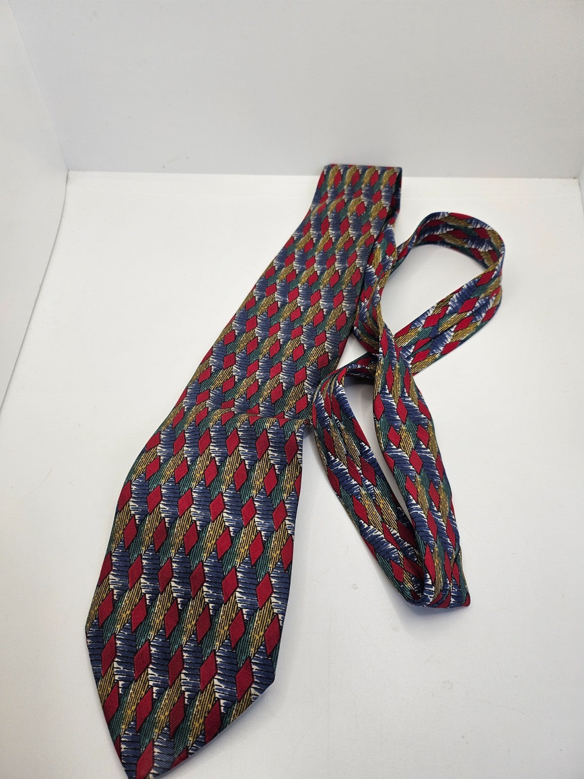 Vintage Mens Silk Tie Gino Verdi Red Blue Geometric Designer Retro Neck Tie BX25 Wedding Formal