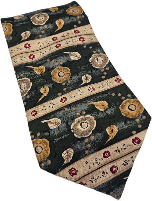 Vtg Mens Silk Tie Marks and Spencer Green Tan Floral Statement Retro Neck Tie BX25 Vintage