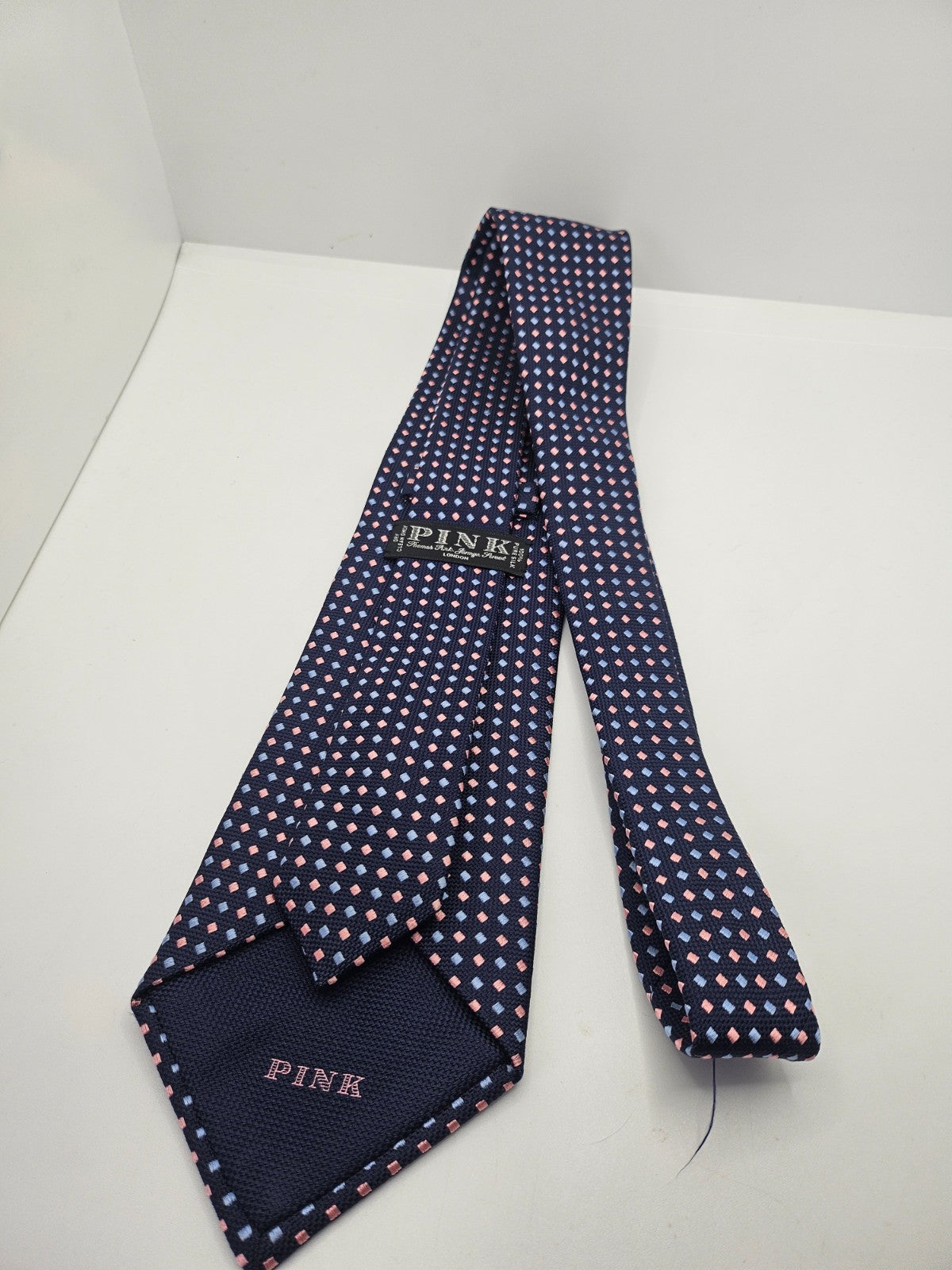 PINK London Silk Tie Mens Navy Pink Geometric Business Designer Neck Tie BX2 Vintage Retro