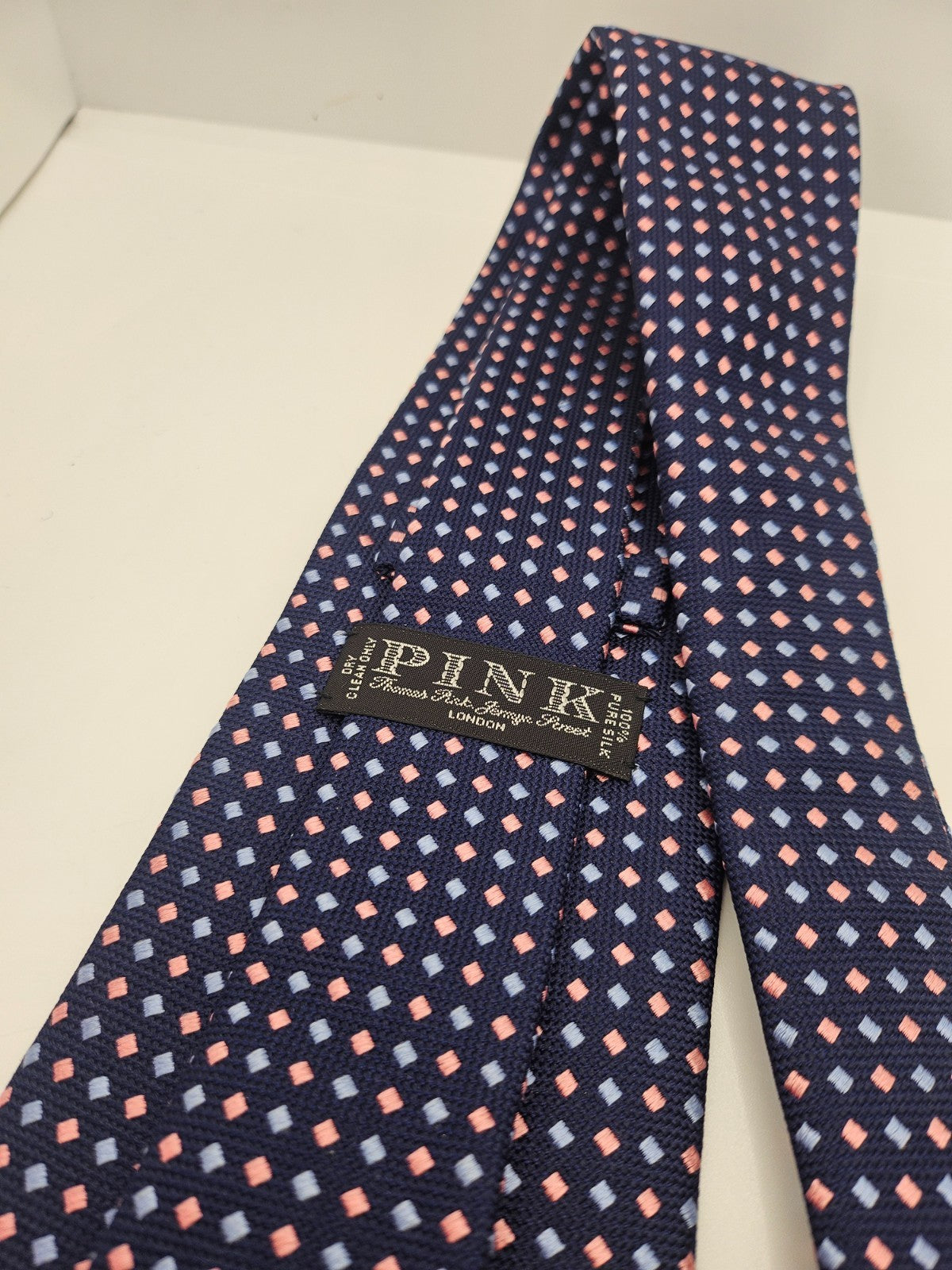 PINK London Silk Tie Mens Navy Pink Geometric Business Designer Neck Tie BX2 Vintage Retro