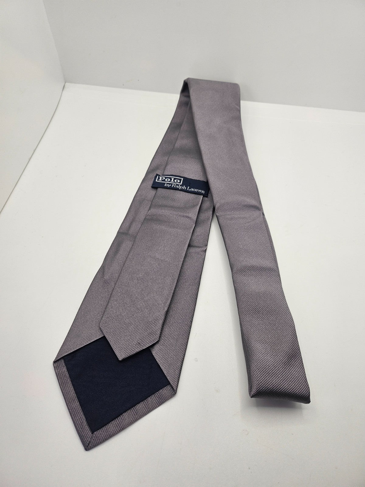 Polo Ralph Lauren Silk Tie Mens Silver Grey Ribbed Wedding Formal Neck Tie BX10 Vintage Retro