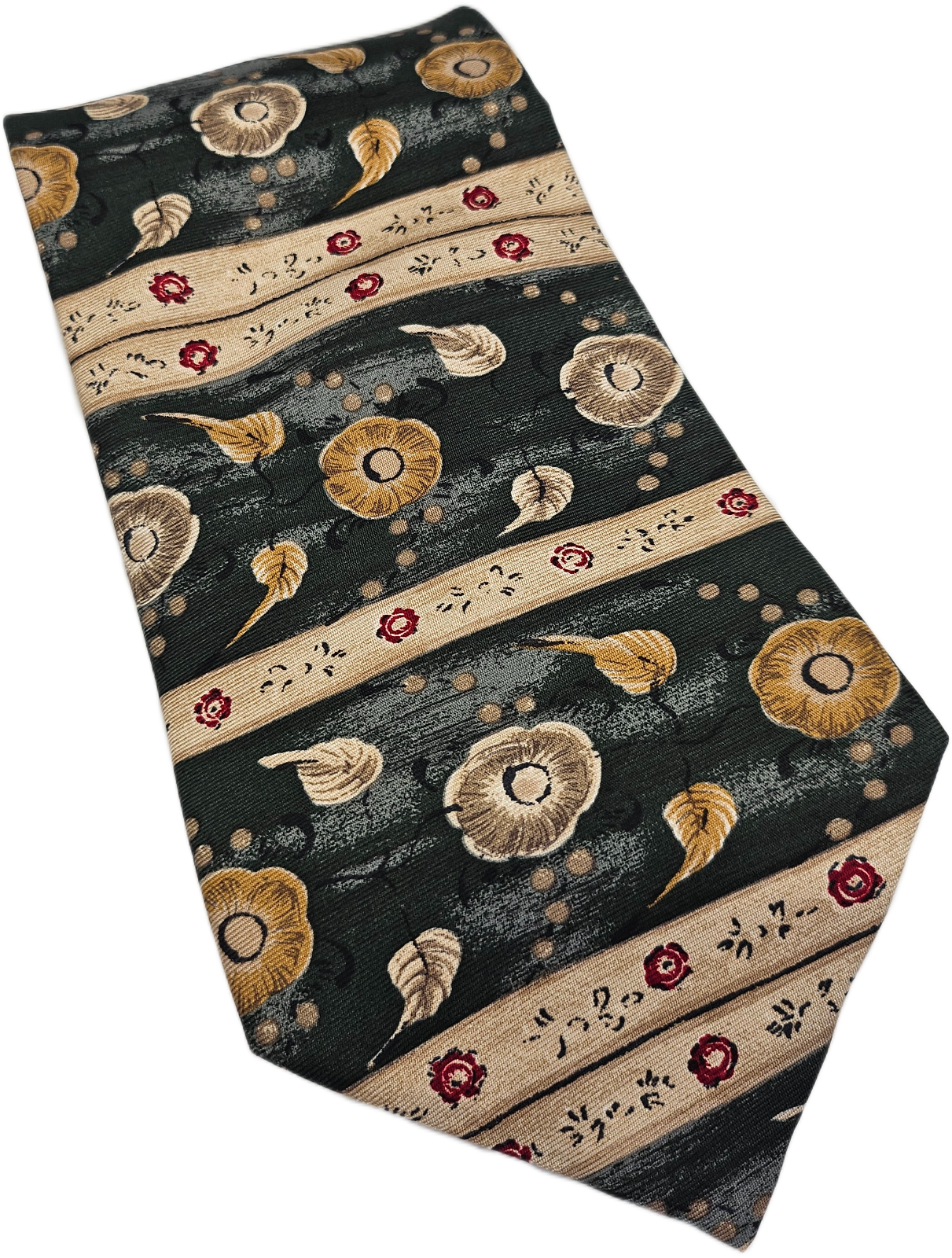 Vtg Mens Silk Tie Marks and Spencer Green Tan Floral Statement Retro Neck Tie BX25 Vintage
