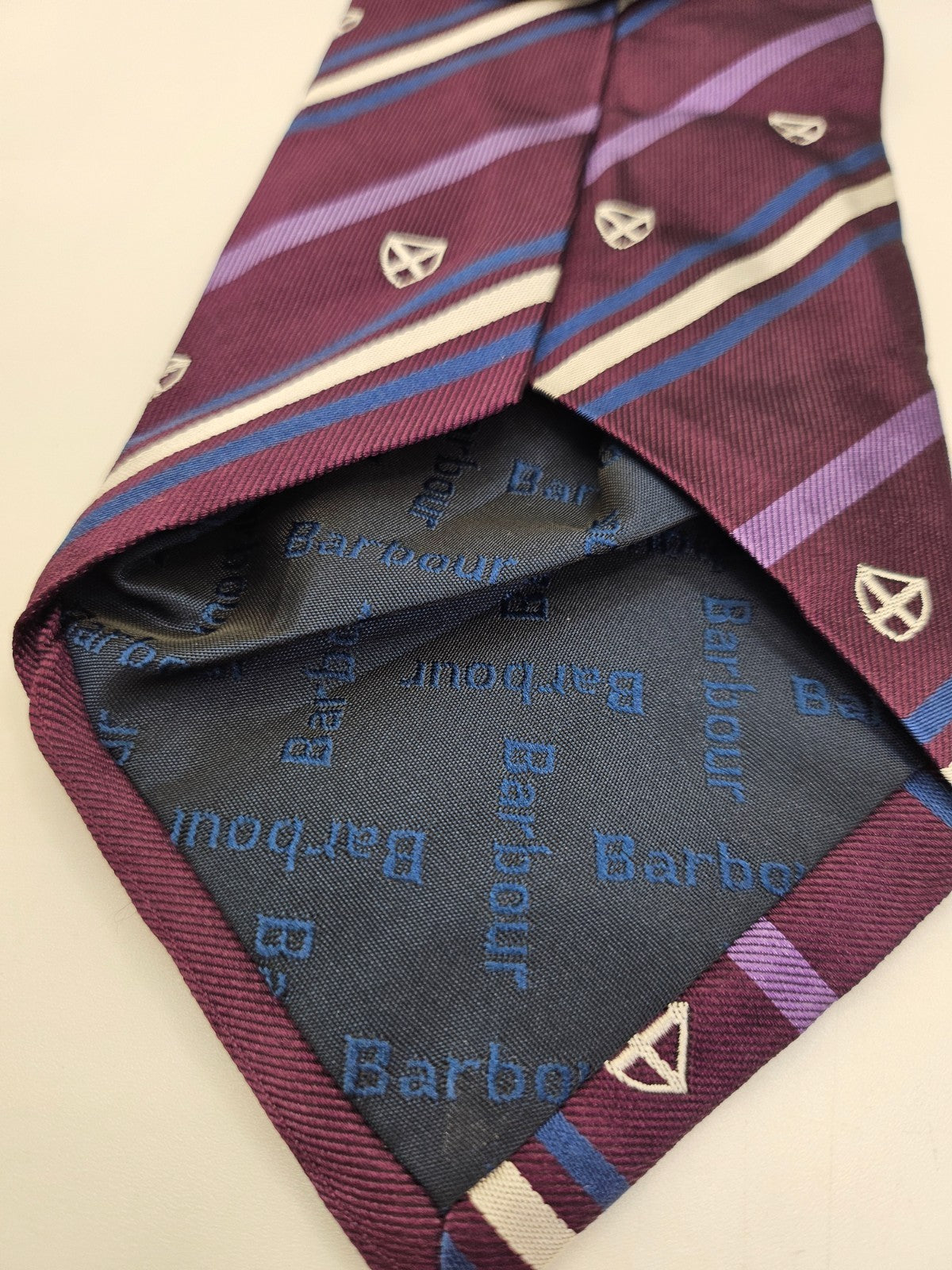 Barbour Mens Silk Tie Purple Emblem Stripe Vtg Retro Wedding Neck tie R1 Vintage Formal