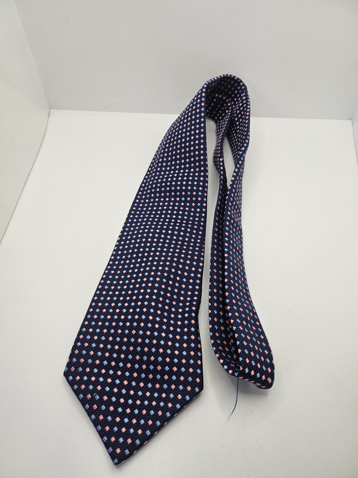 PINK London Silk Tie Mens Navy Pink Geometric Business Designer Neck Tie BX2 Vintage Retro