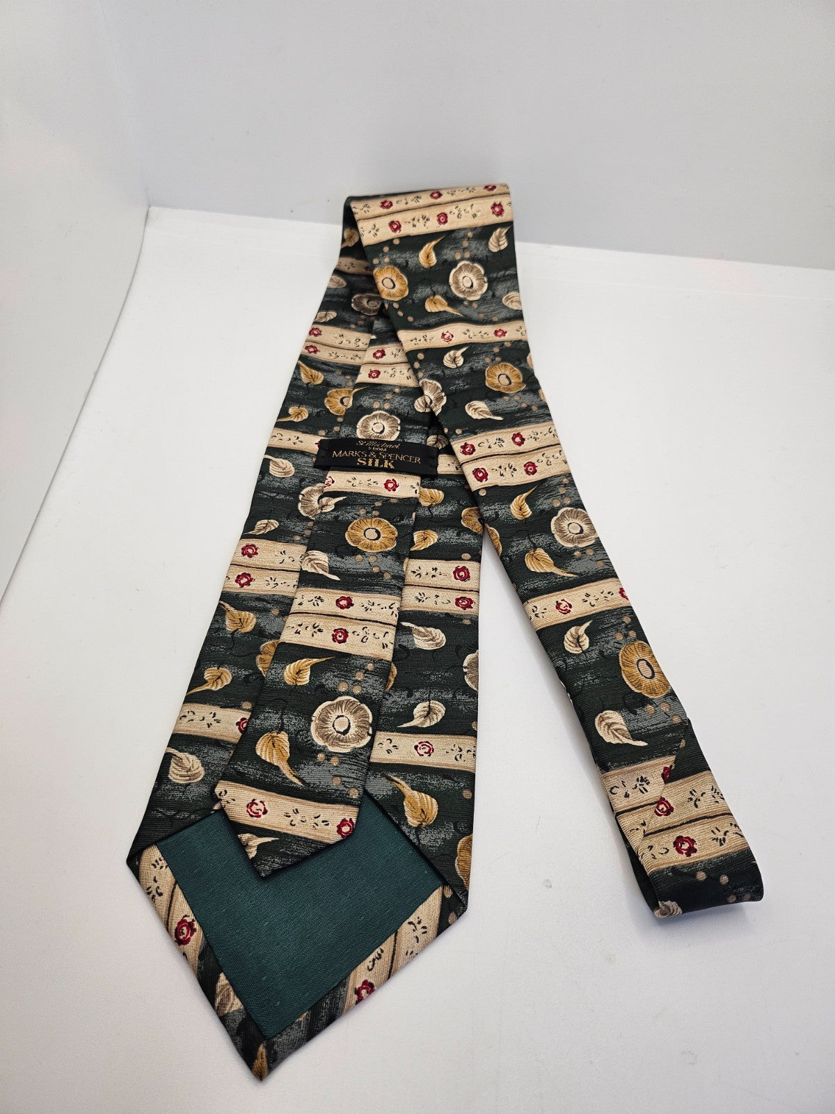 Vtg Mens Silk Tie Marks and Spencer Green Tan Floral Statement Retro Neck Tie BX25 Vintage