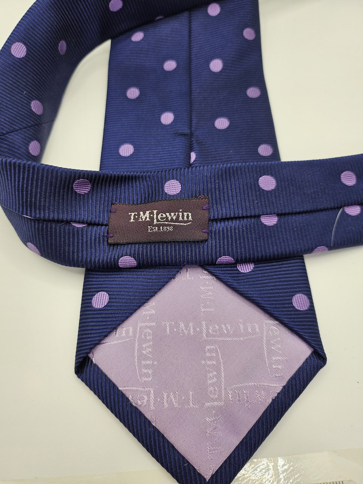 T.M.Lewin Mens Silk Tie Blue Purple Dotted Vtg Retro Wedding Neck Tie