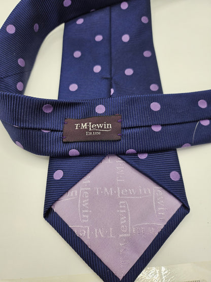 T.M.Lewin Mens Silk Tie Blue Purple Dotted Vtg Retro Wedding Neck Tie