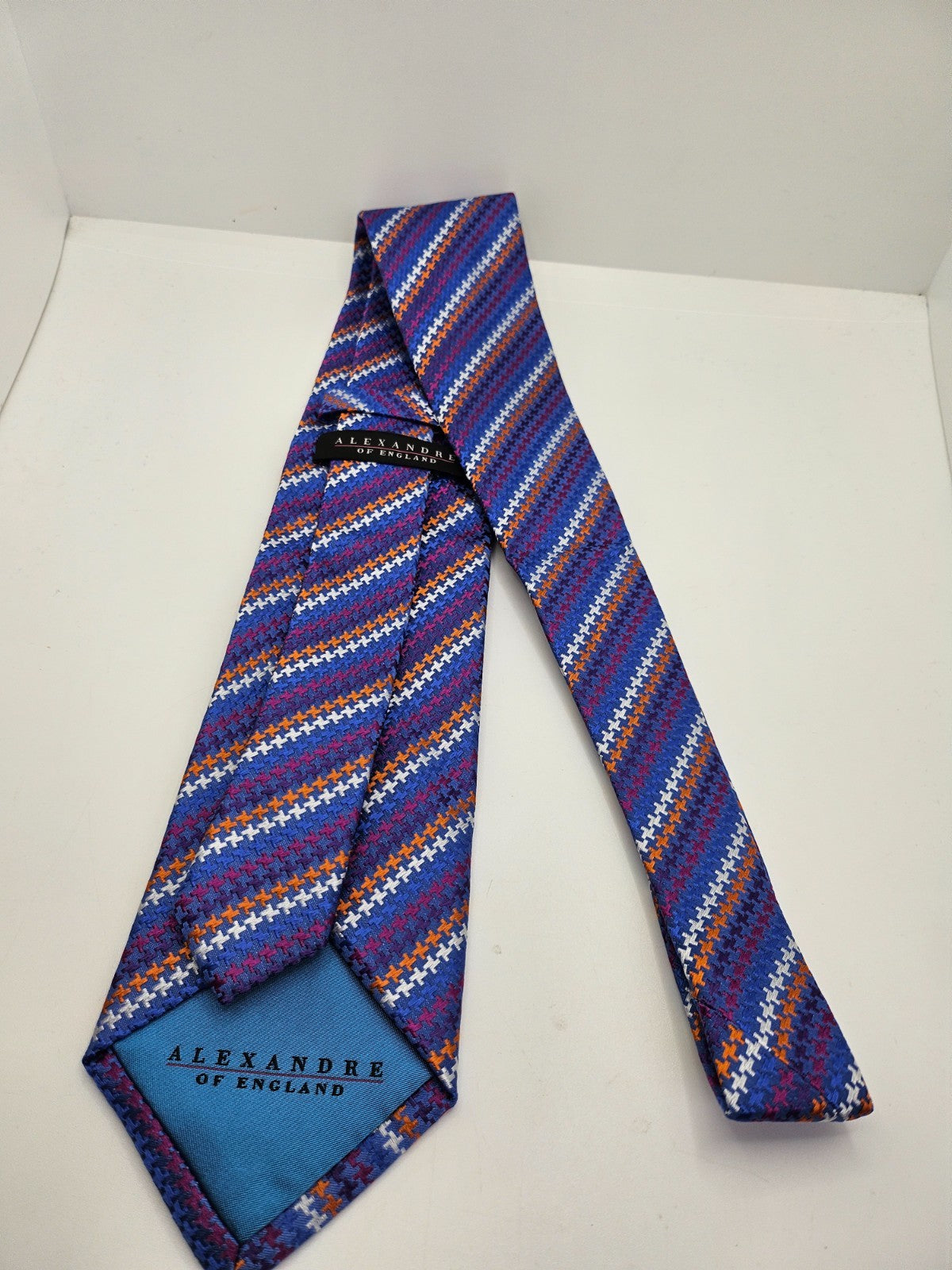Alexandre of England Silk Tie Mens Blue Orange Geometric Wedding Neck Tie BX26
