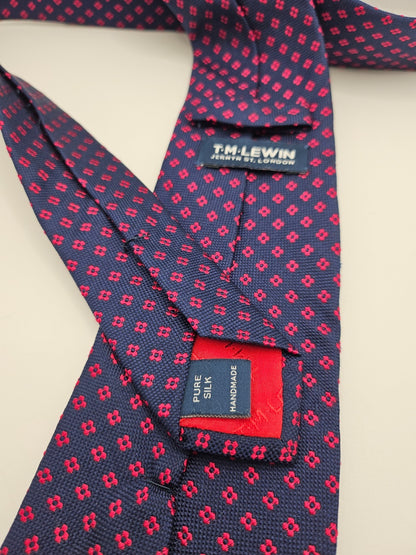 T.M. Lewin Silk Tie Mens Navy Red Micro Geometric Medallion Vintage Necktie BX26