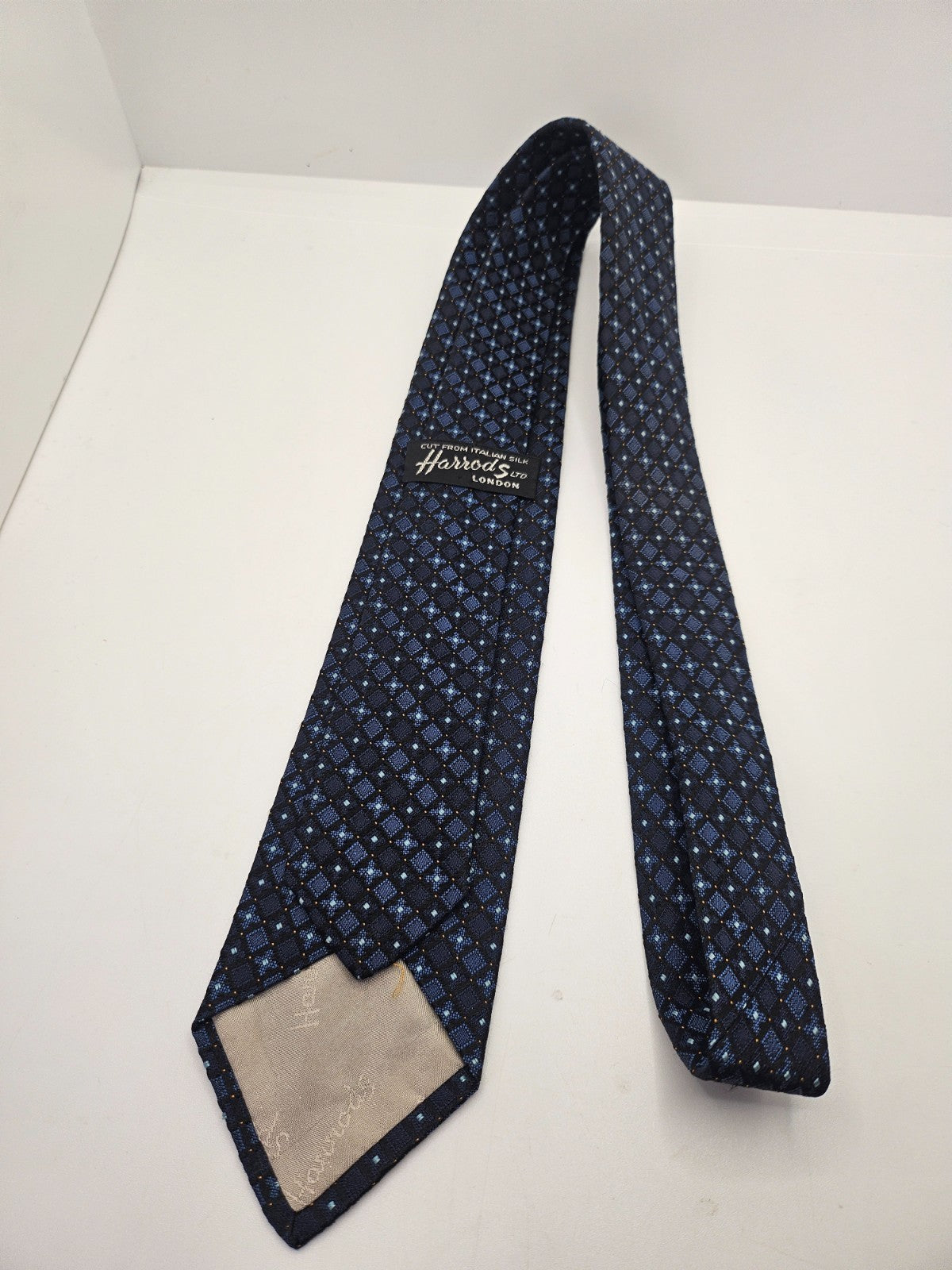 Harrods Silk Tie Mens Blue Geometric Designer Luxury Vtg Wedding Neck Tie BX20