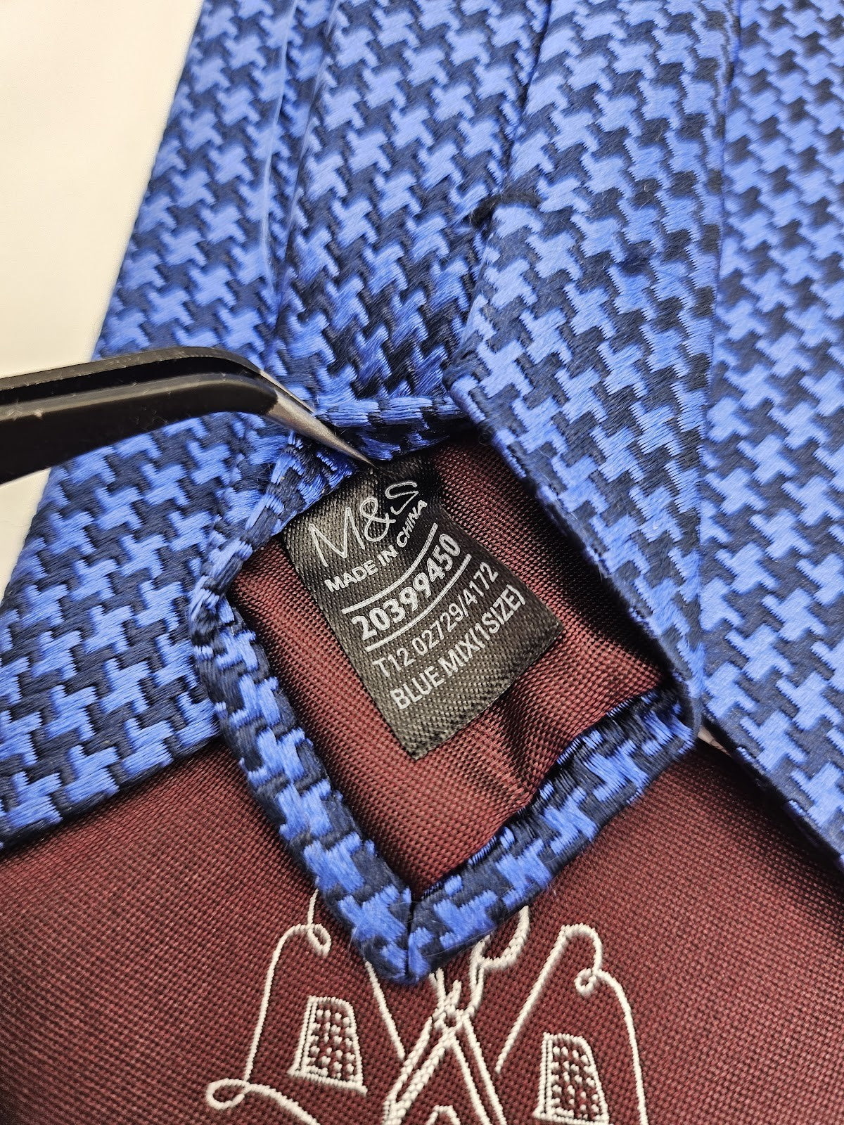 M&S Mens Tie Blue Houndstooth Geometric Vtg Retro Wedding Neck Tie