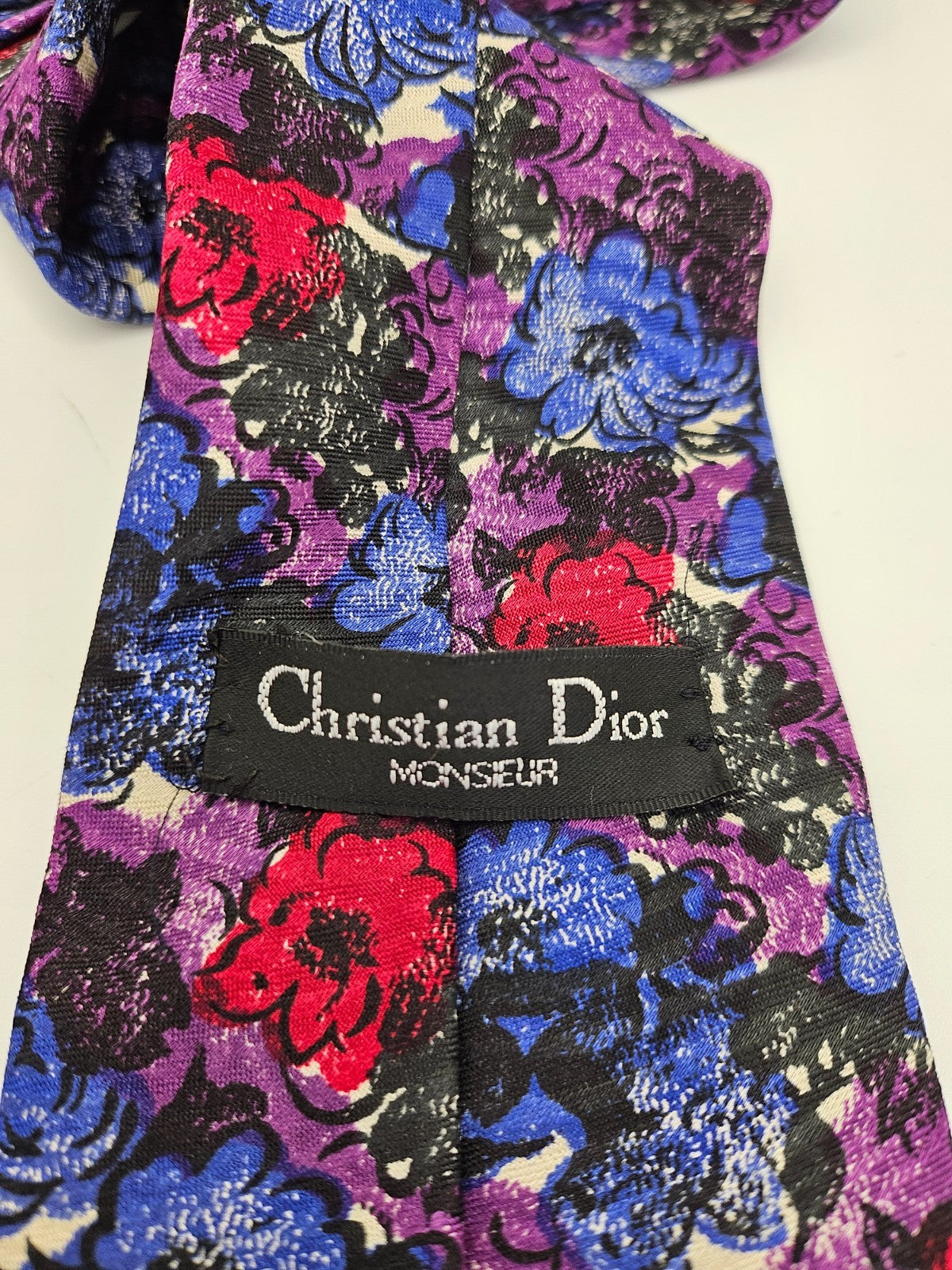 Christian Dior Mens Silk Tie Blue Purple Flower Art Vtg Retro Wedding Neck Tie