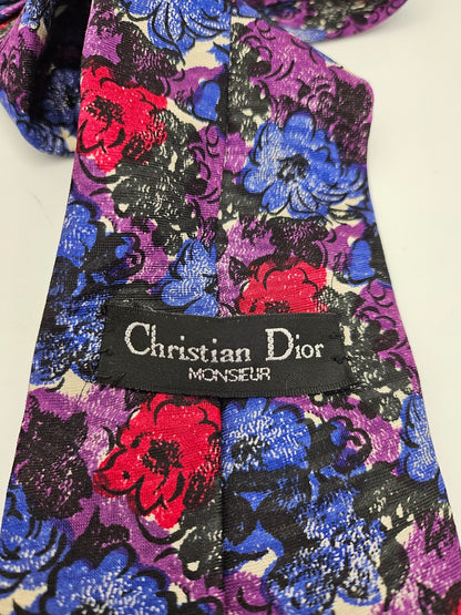 Christian Dior Mens Silk Tie Blue Purple Flower Art Vtg Retro Wedding Neck Tie