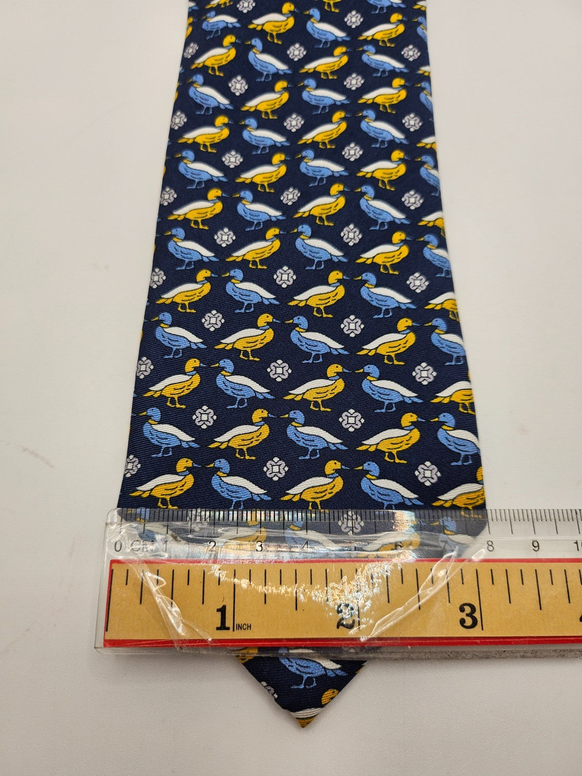 T.M. Lewin Silk Tie Men Navy Blue Yellow Mallard Duck Waterfowl Vtg Necktie BX20
