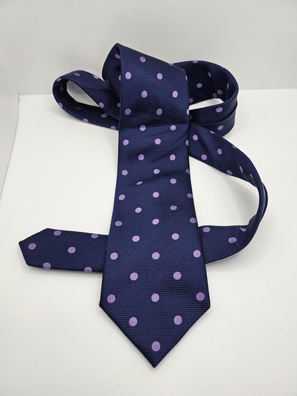 T.M.Lewin Mens Silk Tie Blue Purple Dotted Vtg Retro Wedding Neck Tie