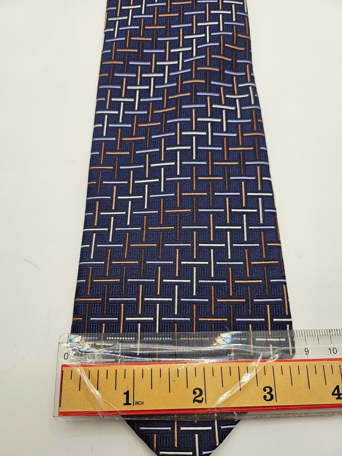 T.M. Lewin Silk Tie Mens Navy Blue Geometric Interlocking Grid Vtg Neck Tie BX2