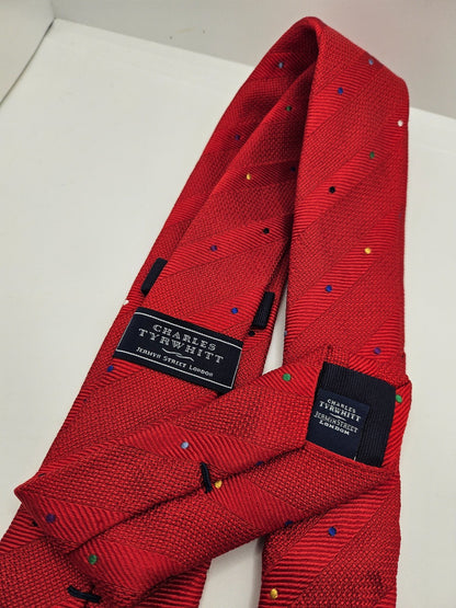 Charles Tyrwhitt Silk Tie Mens Red Textured Stripe Polka Dot Retro Neck Tie BX21