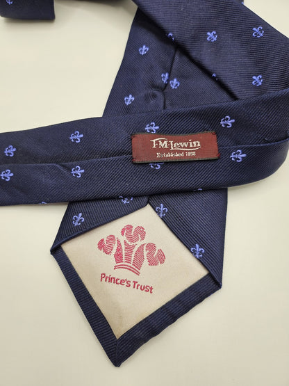 T.M.Lewin Mens Silk Tie Navy Blue Fleur-de-Lis Vtg Retro Wedding Neck Tie