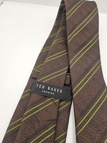 Ted Baker Silk Tie Mens Brown Green Striped Designer Vintage Retro Neck Tie BX15