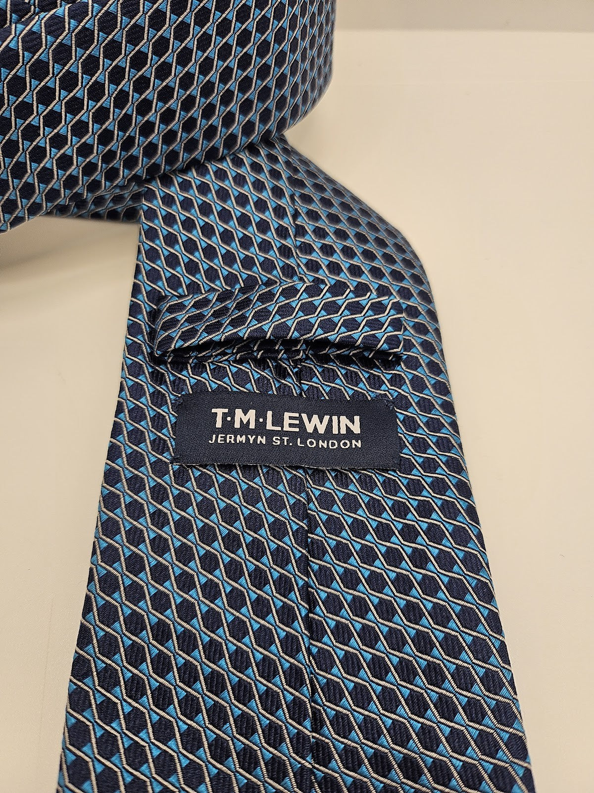 T.M.Lewin Mens Silk Tie Blue Geometric Vtg Retro Wedding Neck Tie