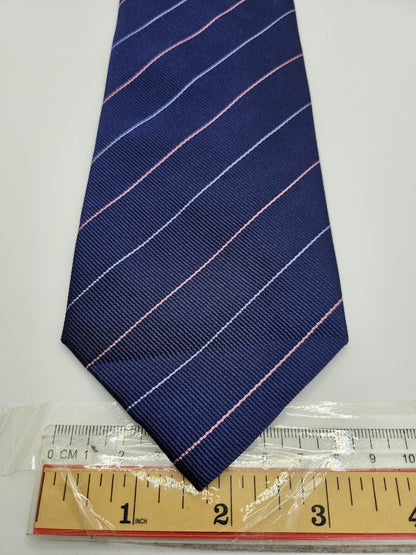 T.M.Lewin Mens Silk Tie Navy Blue Striped Vtg Retro Wedding Neck Tie