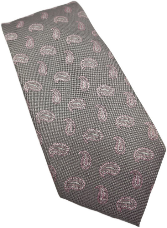 Van Buck Silk Tie Mens Silver Grey Pink Paisley Textured Vintage Neck Tie BX25