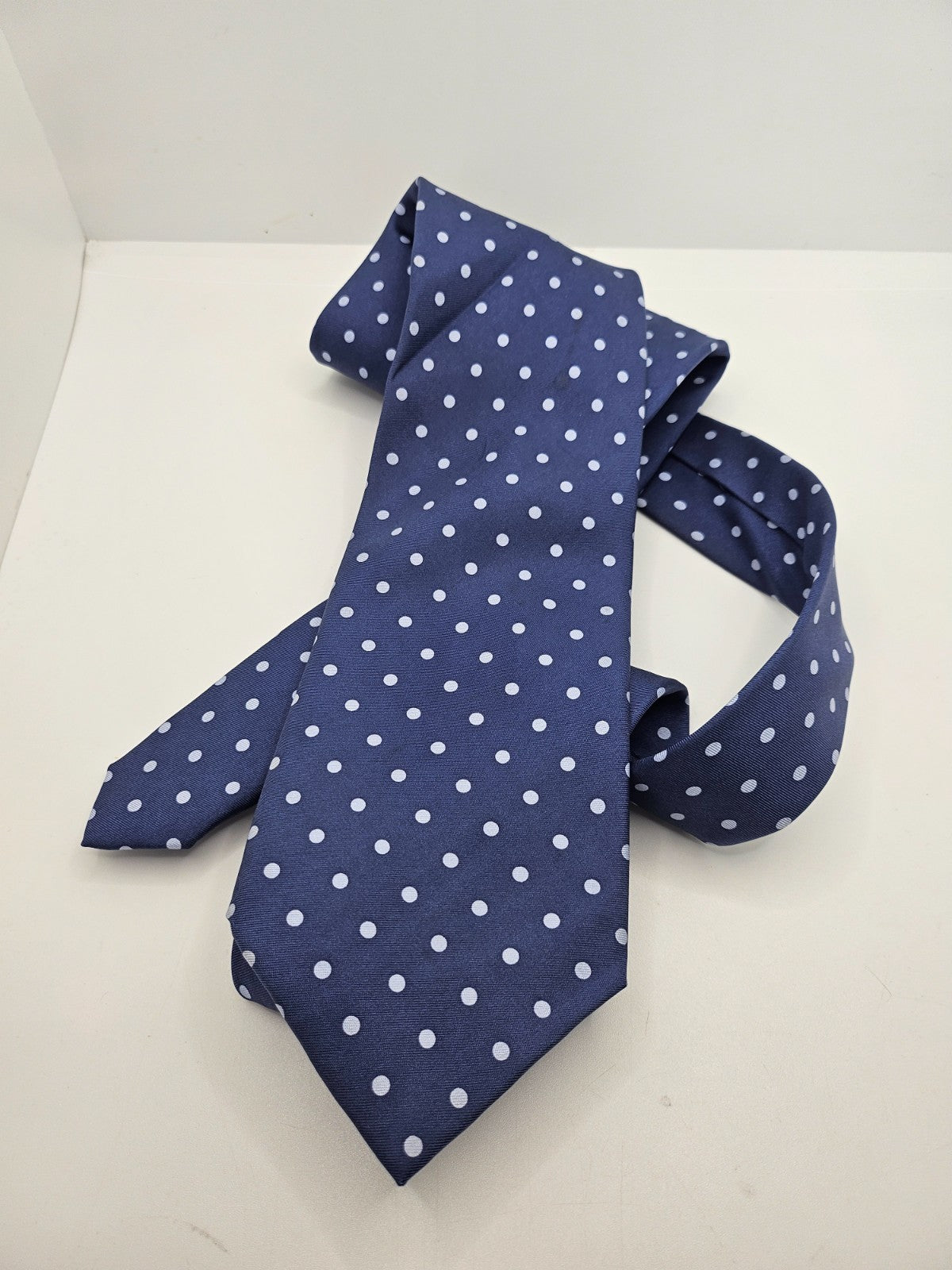 T.M. Lewin Silk Tie Mens Navy Blue Grey Polka Dot Business Vintage Neck Tie BX26