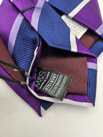 M&S Mens Silk Tie Purple Striped Vtg Retro Wedding Neck Tie